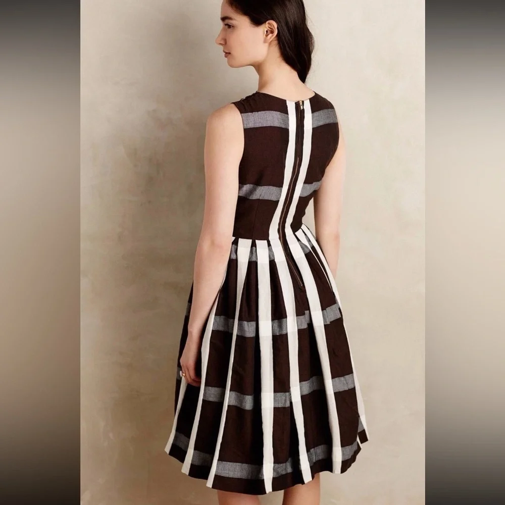 Anthropologie Maeve Plaid Brown Pleated Dress